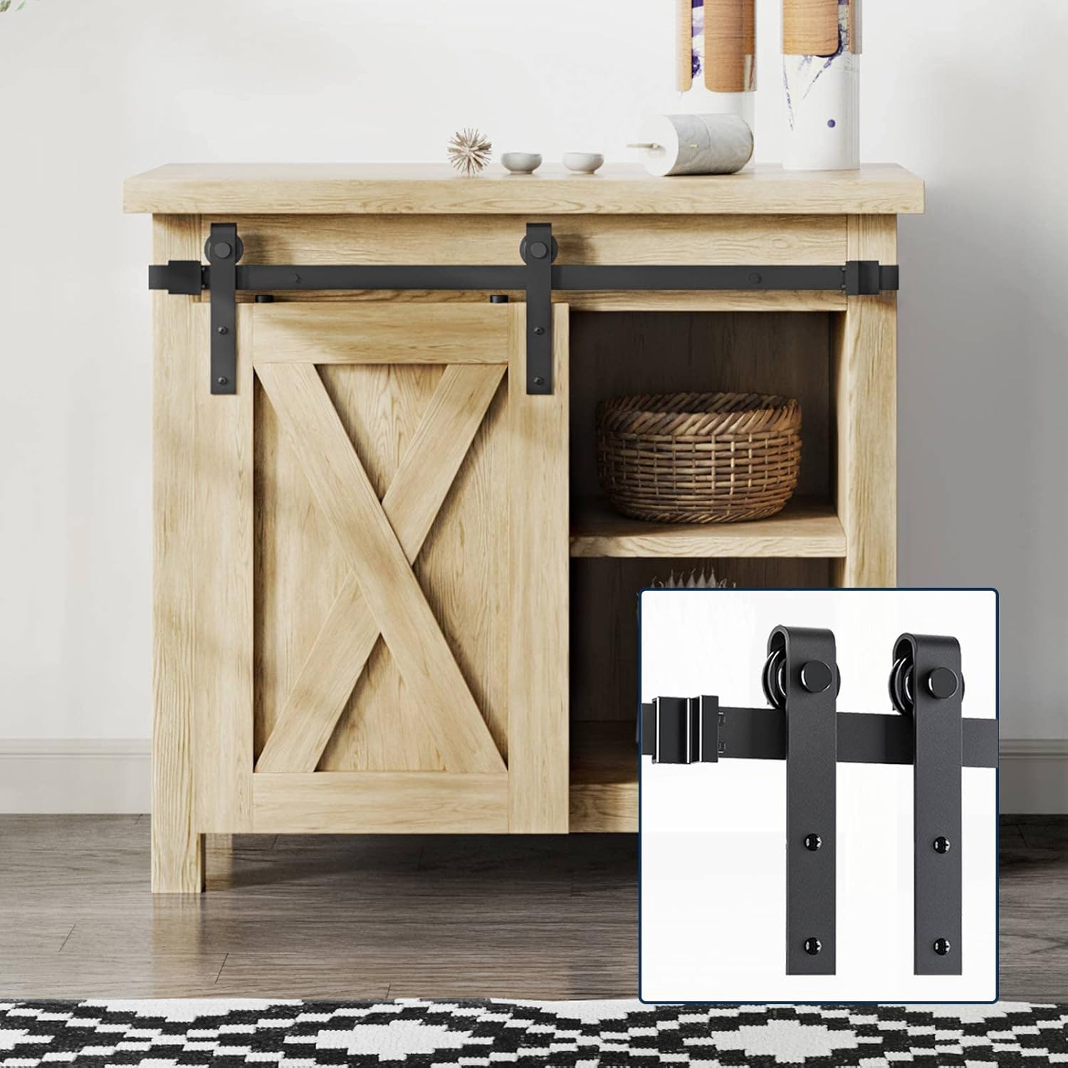EaseLife 5 FT Cabinet Mini Sliding Double Barn Door Hardware Track Kit,Easy Install,Slide Smoothly Quietly,Apply for Storage Window TV Stand and Other Shielding (No Cabinet)