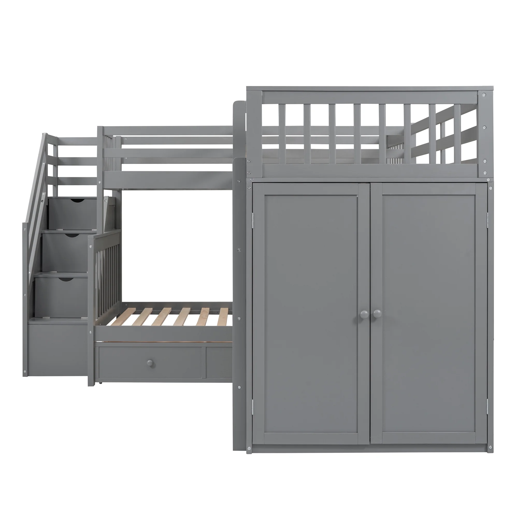 Churanty Twin-Twin Over Full L-Shaped Bunk Bed with Wardrobe Space,Solid Wood Staircase Bunk Bed with Portable Desk,Gray