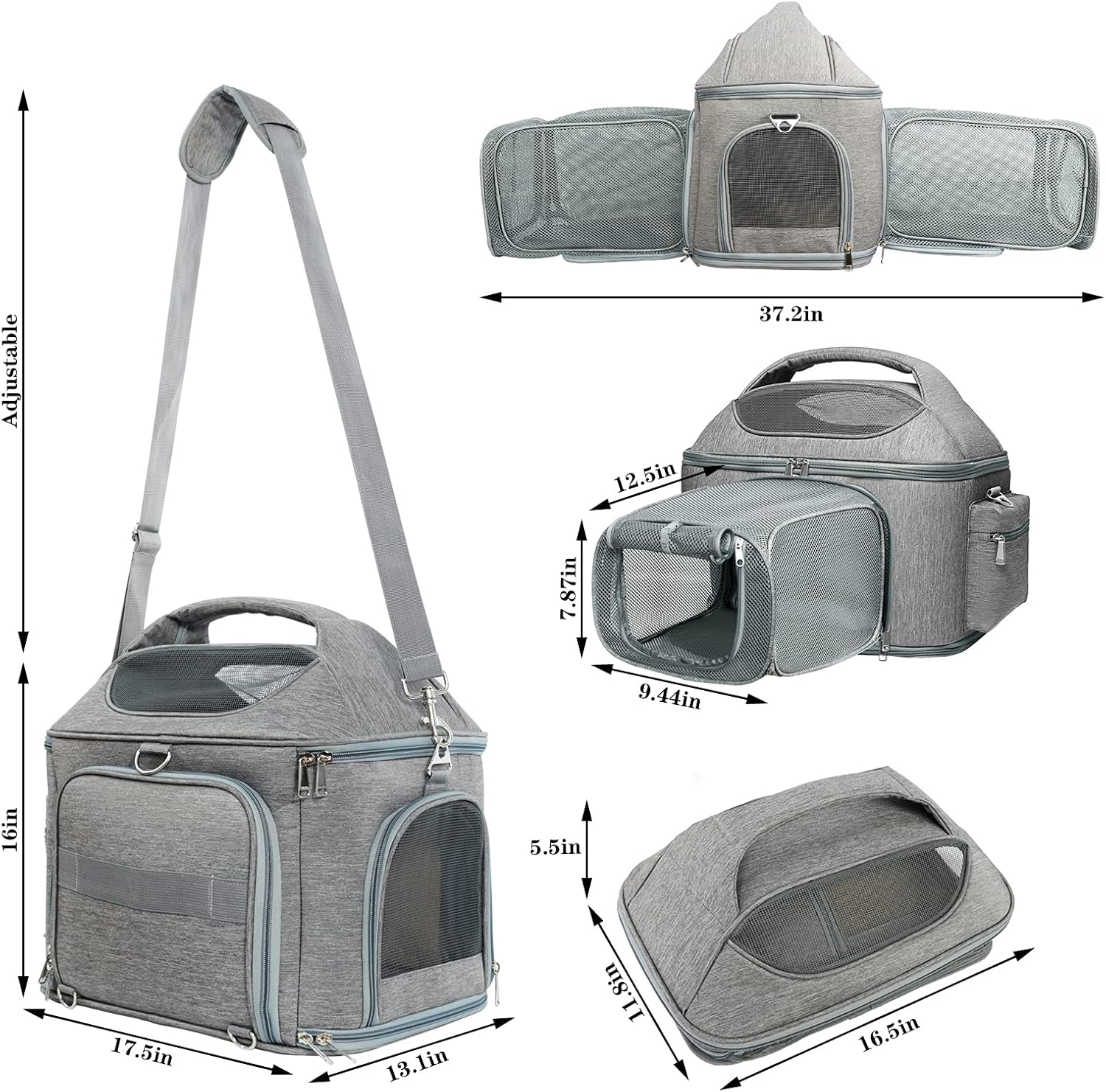 X-cosrack Expandable Pet Travel Bag, 3 Open Doors, Mesh Window and Escape-Proof Buckle, Airline Approved Soft-Sided Pet Travel Carrier for Small Medium Cats