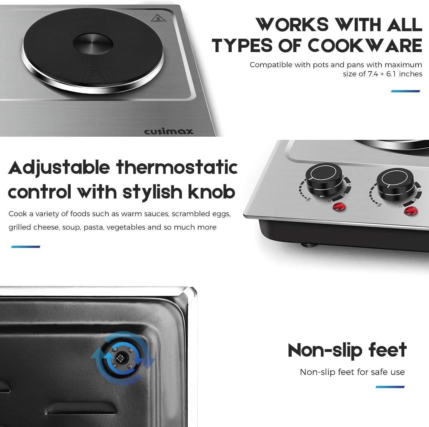 Cusimax Hot Plate Electric Burner Single Burner Cast Iron hot plates for cooking Portable Burner 1500W with Adjustable Temperature Control Stainless Steel Non-Slip Rubber Feet, Upgraded Version