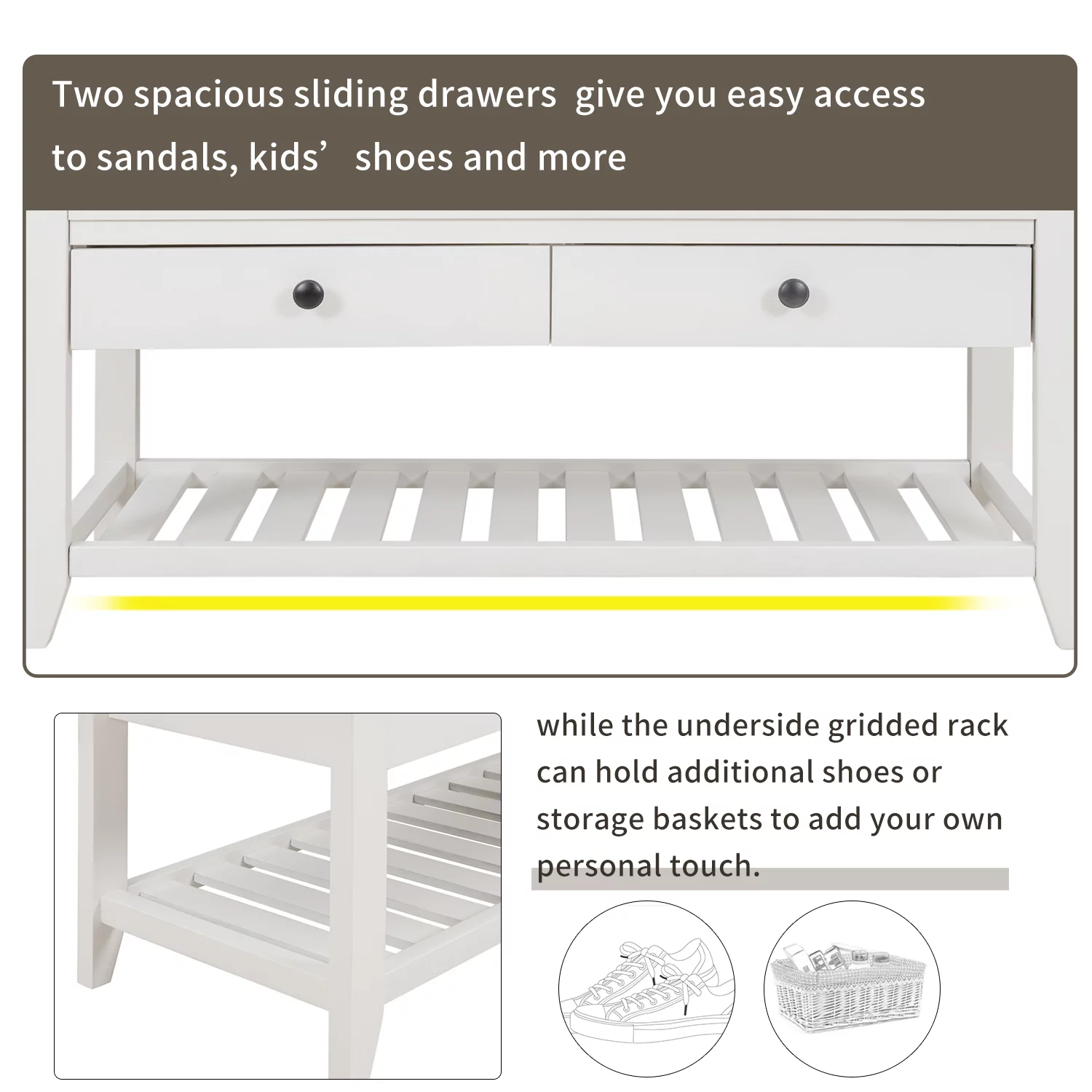 Shoe Rack with Cushioned Seat and Drawers, Multipurpose Entryway Storage Bench,White