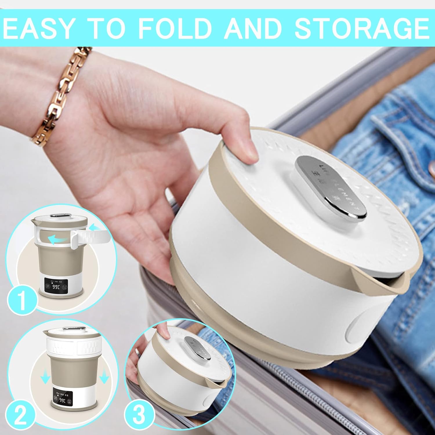 Portable Tea Kettle for Travel and Camping, Foldable Electric Kettle Small and Mini, Stainless Steel Collapsible Kettle with Temperature Control Concealed handle and Folding Cup, Dual Voltage