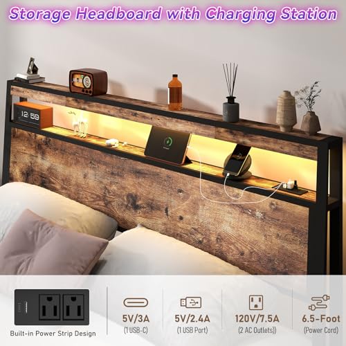 SADENICEL Queen Bed Frame with Storage Headboard and 4 Drawers, Metal Platform Bed Frame with LED Light, Charging Station, No Box Spring Needed, Noise Free, Easy Assembly, Vintage Brown