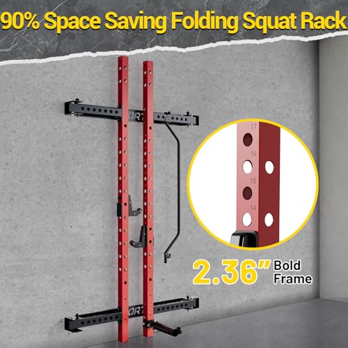 Folding Squat Rack for Home Gym, 2.36" x 2.36" Folding Power Rack with Pull Up Bar, J Hooks and Landmine Attachments, 1000 LBS Capacity Wall Mounted Squat Rack, Space Saving Weight Cage