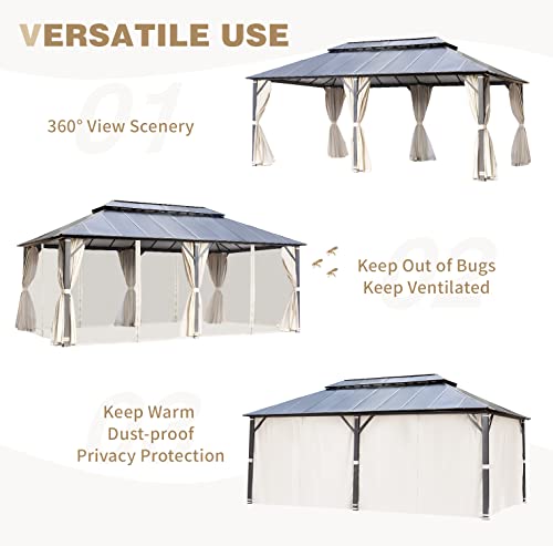 YOLENY 10' x 12' Hardtop Gazebo, Wood-Looking Gazebo with Galvanized Steel Double Roof, Aluminum Frame, Permanent Metal Pavilion with Netting and Curtains for Deck, Backyard, Patio and Lawns