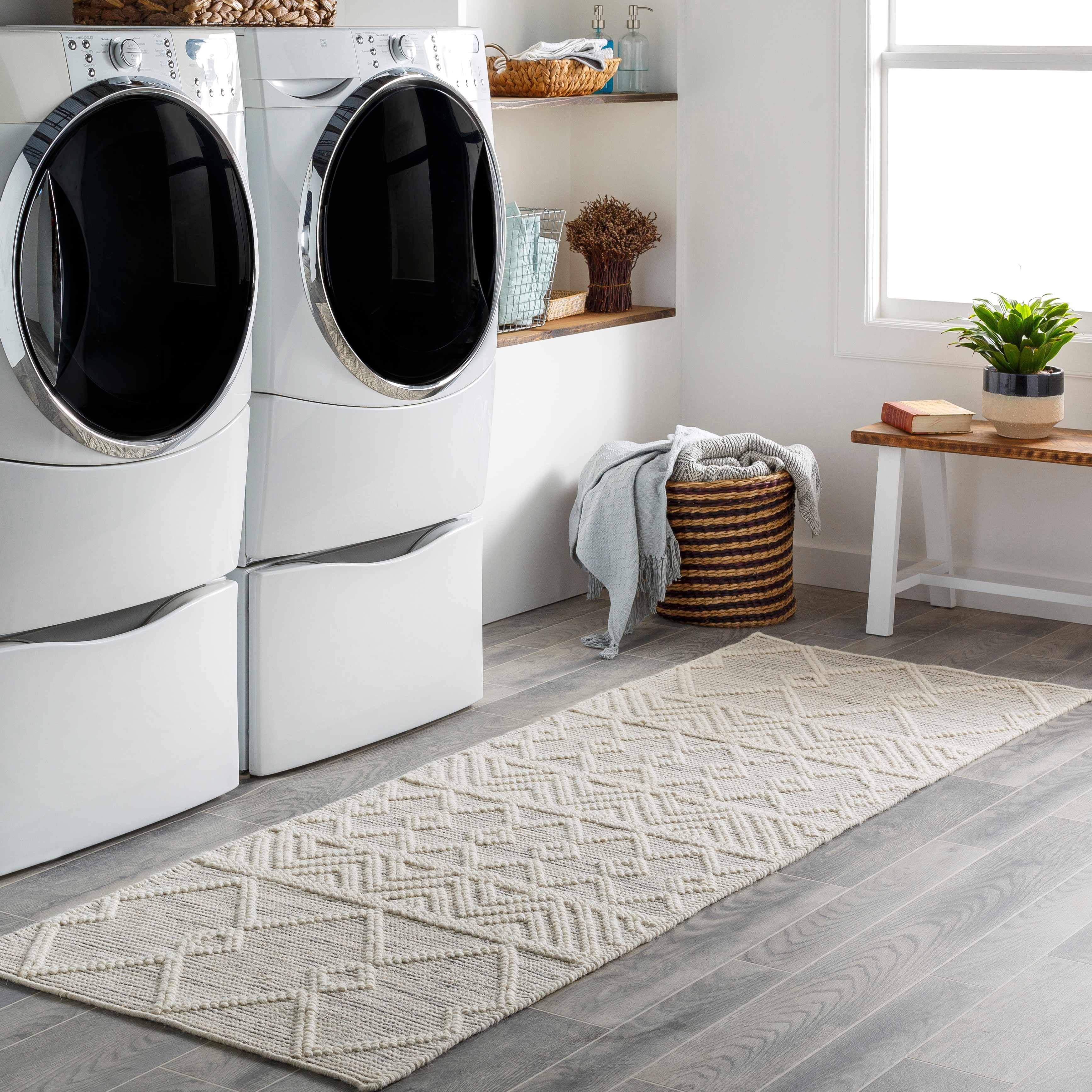 Woolk Moroccan Farmhouse Hand Woven Living Room Bedroom Nursery Wool Small Area Rug - Vintage Handmade Bohemian - Boho Diamond Southwestern - Beige, White, Brown - 2' x 3'