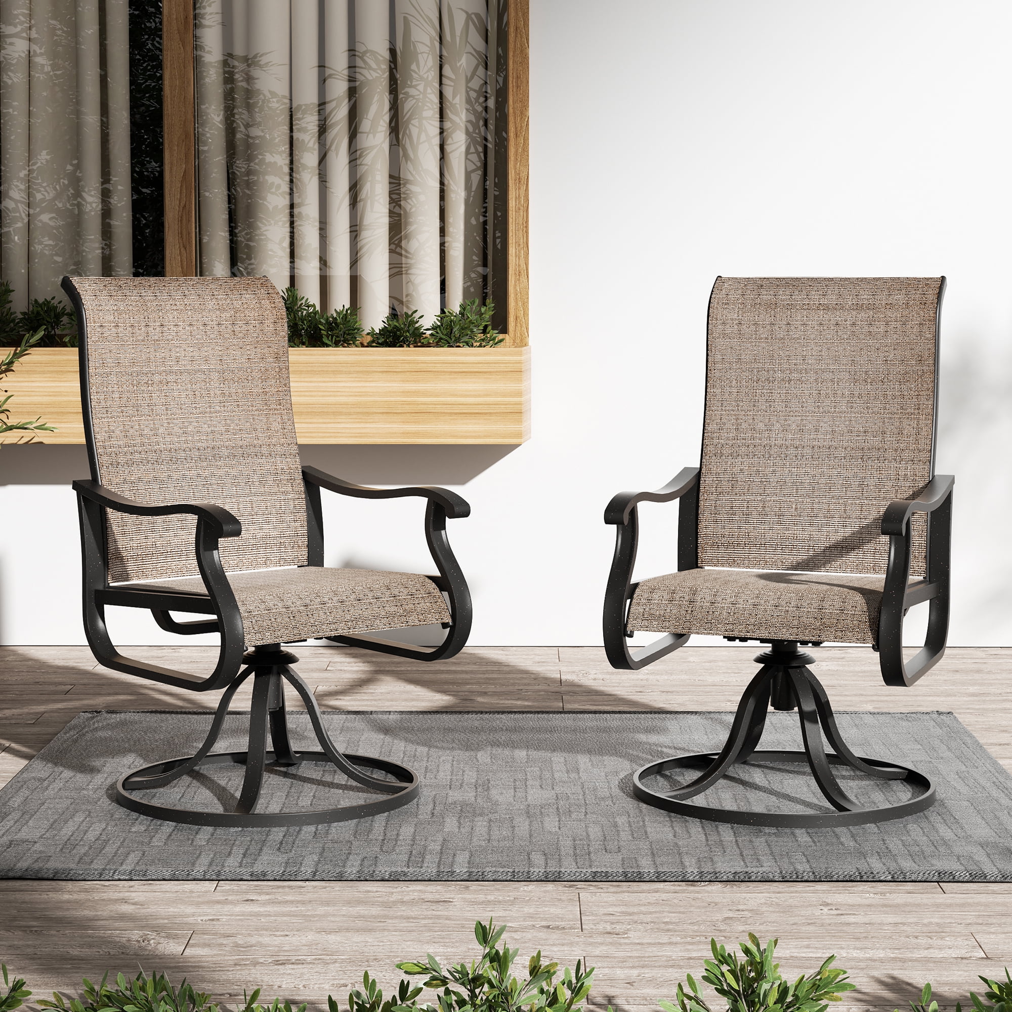 ELPOSUN Patio Swivel Chairs Set of 2, Outdoor Dining Chairs High Back All Weather Breathable Textilene Outdoor Swivel Chairs with Metal Rocking Frame for Lawn Garden Backyard Deck, Khaki