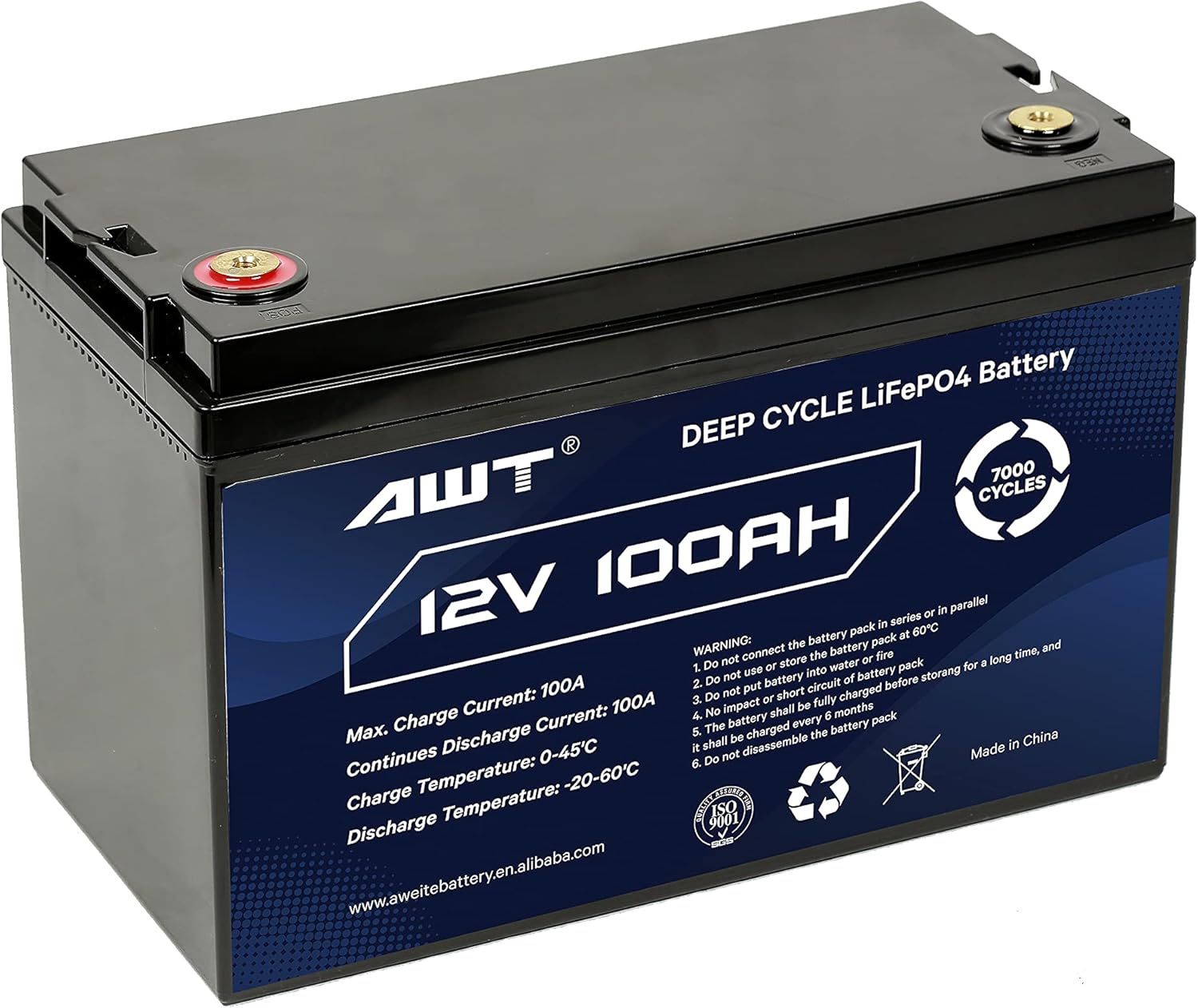AWT 12V 100Ah Deep Cycle Lithium Battery, 20 Years Service Life (7000+ Cycles), Built-in 100A BMS Rechargeable Lifepo4 Battery for RV, Solar, Marine, Overland, Camping, Off-Grid Applications