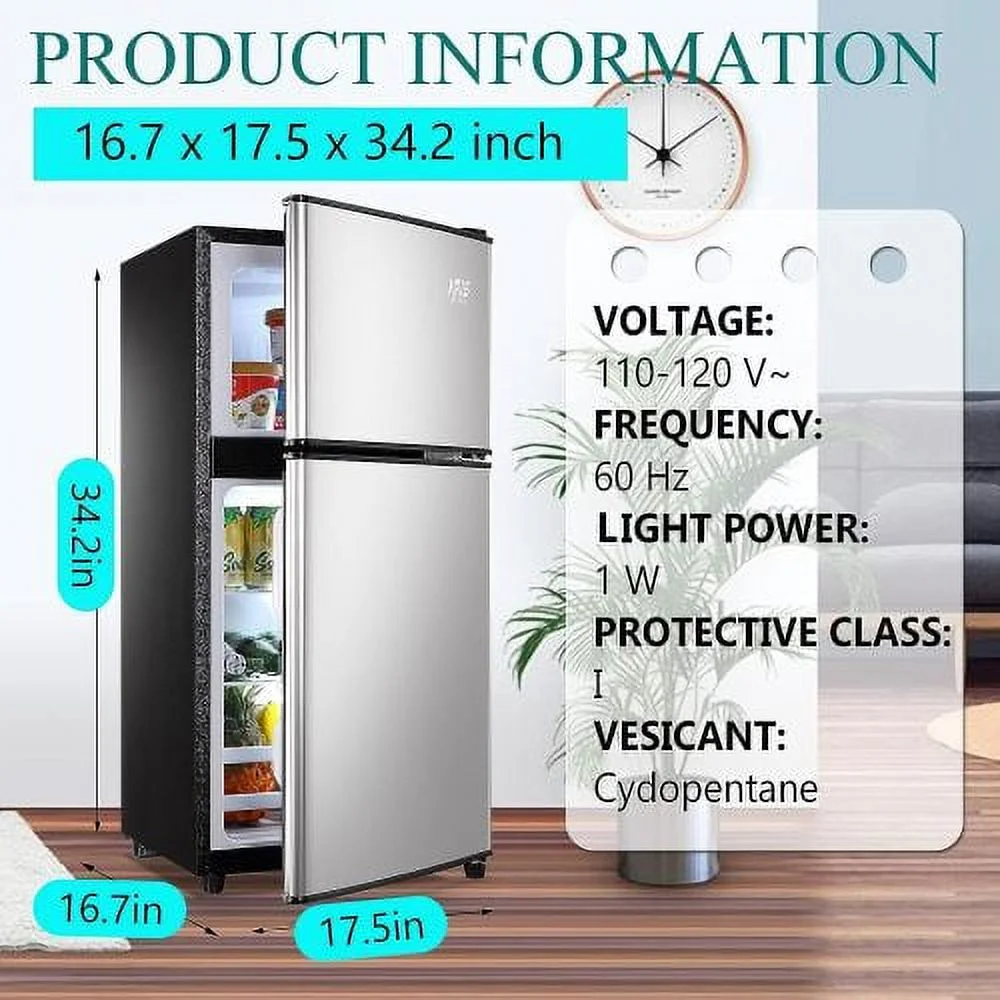 3.5 Cubic Feet Refrigerator, ZPL Compact Refrigerator, Mini Fridge with Freezer and 2 Door, 7 Level Thermostat Removable Shelves for Kitchen, Dorm, Apartment, Bar, Office, Silver