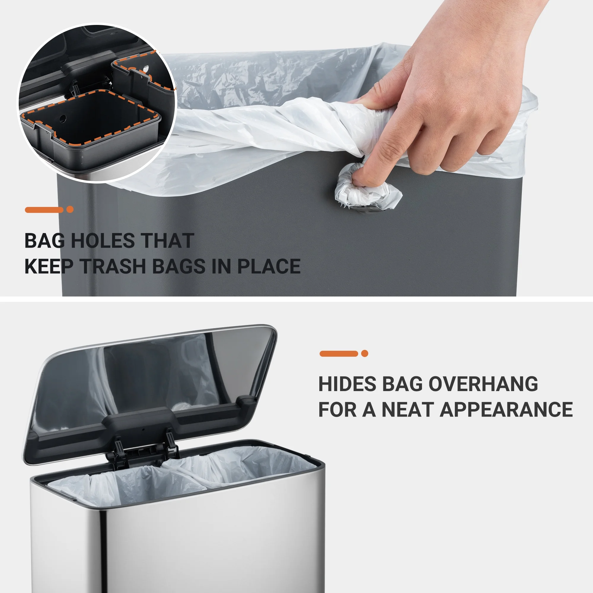 Innovaze 9.5 Gallon Trash Can, 4.75 Gallon Dual Compartment Recycling Step-On Kitchen Trash Can, Stainless Steel