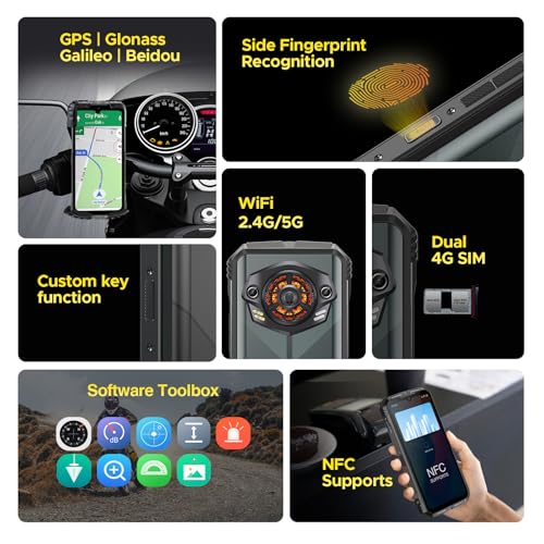 DOOGEE S Punk Rugged Smartphone Unlocked, 10800mAh Battery Rugged Phone, 16GB+256GB Cell Phone Android 14, 126dB Speaker, 6.58" FHD+90Hz,50MP+16MP,LED Light/Dual SIM/NFC/OTG/Face ID/Fingerprint, Dark