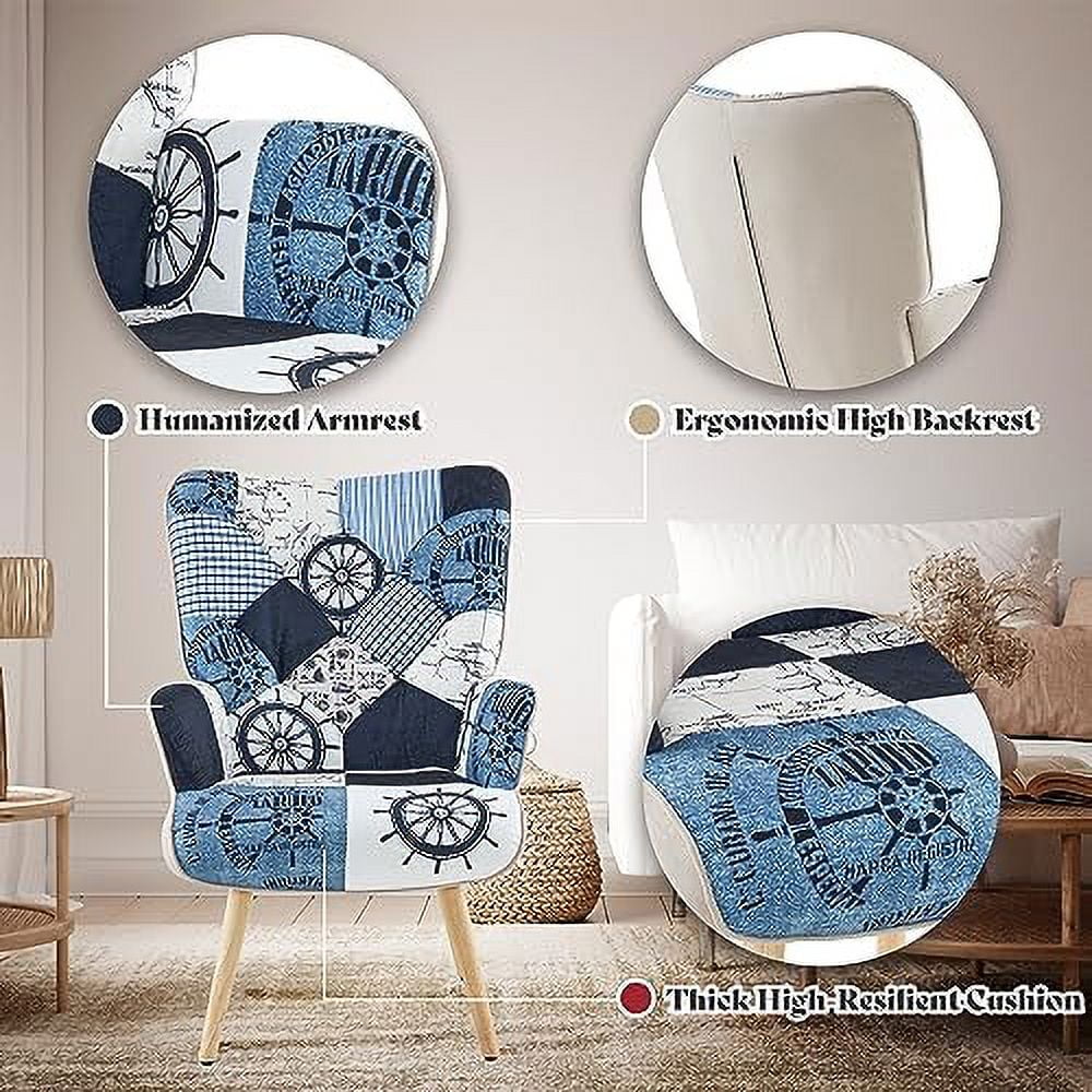 NLIBOOMLife Living Room Accent Chair with High Backrest Wooden Base Upholstered Armchair for Small Spaces Morden Cozy Chair for Bedroom Grey Plaid Bohemian Style for Bedroom Waiting Room