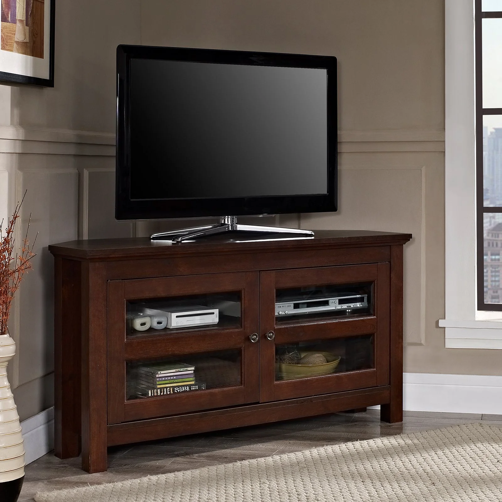44" Transitional Farmhouse Wood Corner TV Console in Grey Wash