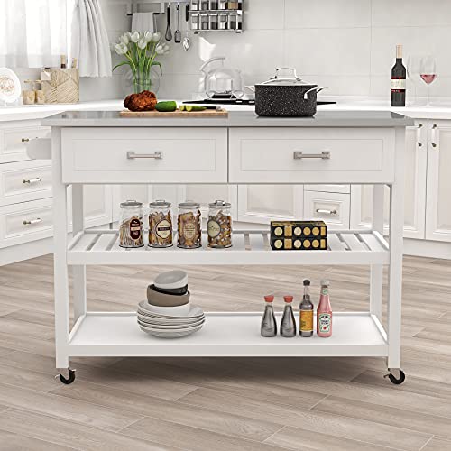 RASOO Kitchen Island Cart on Wheels Trolley White Stainless Steel Top Rolling Kitchen Island Cart with Open Shelves and One Big Drawer Towel Rack Kitchen Island Cabinet with Lockable wheels, 39.37"x18.5"x35.83"(LxWxH）