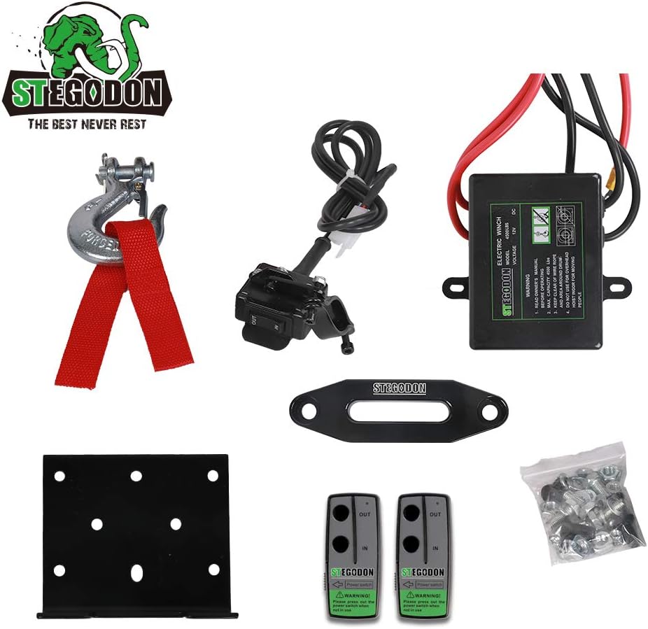 STEGODON 4500 lb. Load Capacity Electric Winch,12V Black Synthetic Rope Winch with Wireless Handheld Remotes and Wired Handle,Waterproof IP67 Electric Winch with Hawse Fairlead(All-Black)