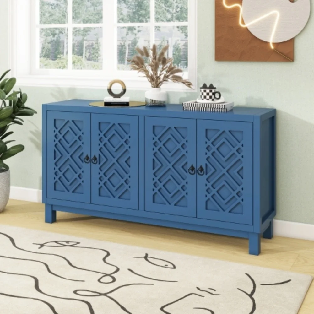 TREXM Large Storage Space Sideboard, 4 Door Buffet Cabinet with Pull Ring Handles for Living Room, Dining Room (Navy)  Navy + MDF