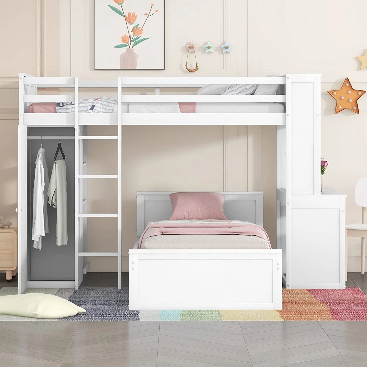 Over Bunk Beds With Desk And Drawers, Wooden Size Loft Bed Removable Wardrobe Shelves Storage Ladder Guardrails For Kids White