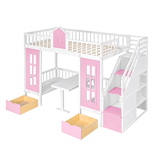 Twin Castle Style Bunk Bed with Slide, Twin-Over-Twin Bunk Bed with 2 Drawers and 3 Shelves, Storage Staircase, Save-Space Solid Wood Bunk Bed Frame for Teens (Pink-Twin-Castle Style)