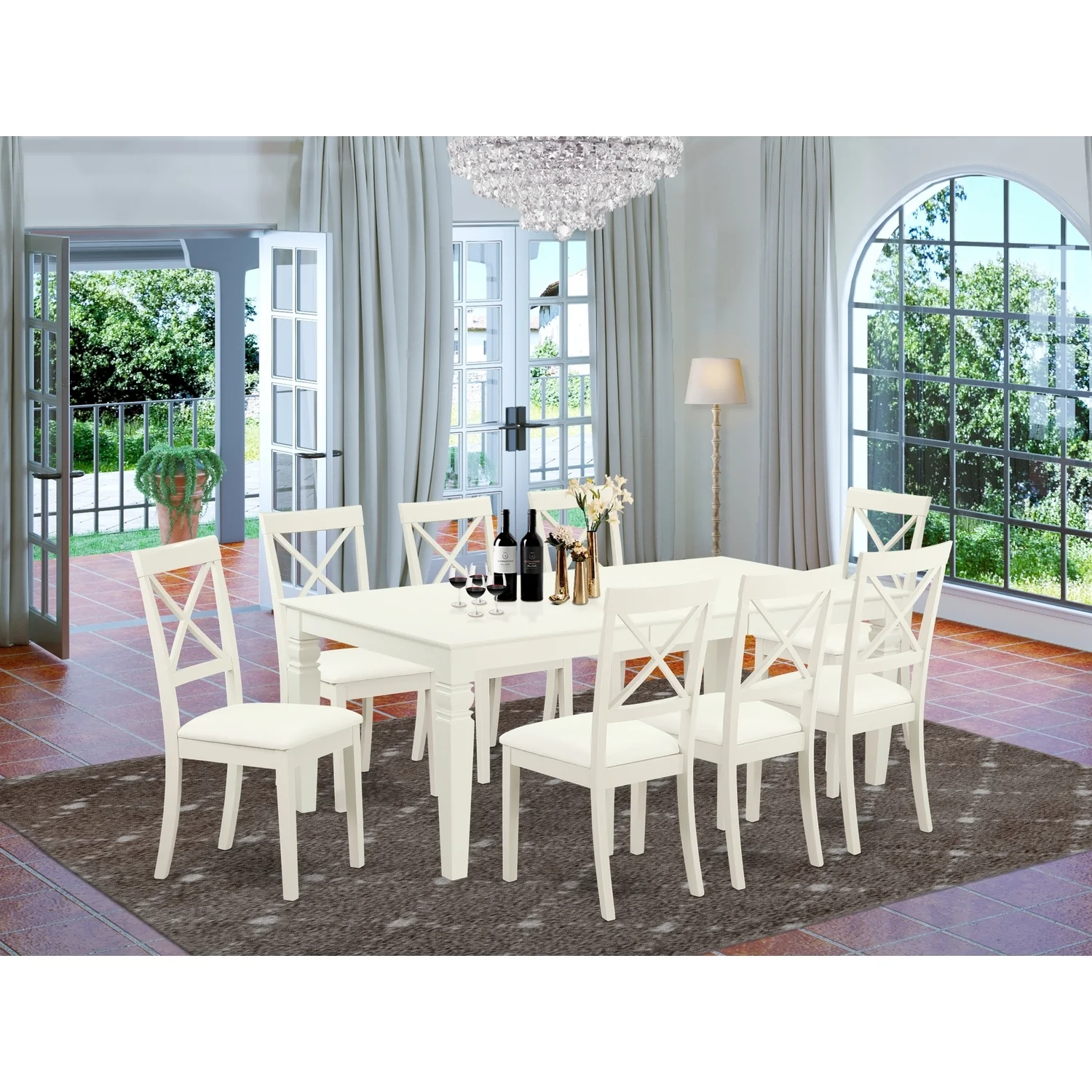 HomeStock Mountain Lodge 9-Pc Dining Set With 1 Kitchen Table And 8 Faux Leather Seat Chairs Finished In Linen White Color.