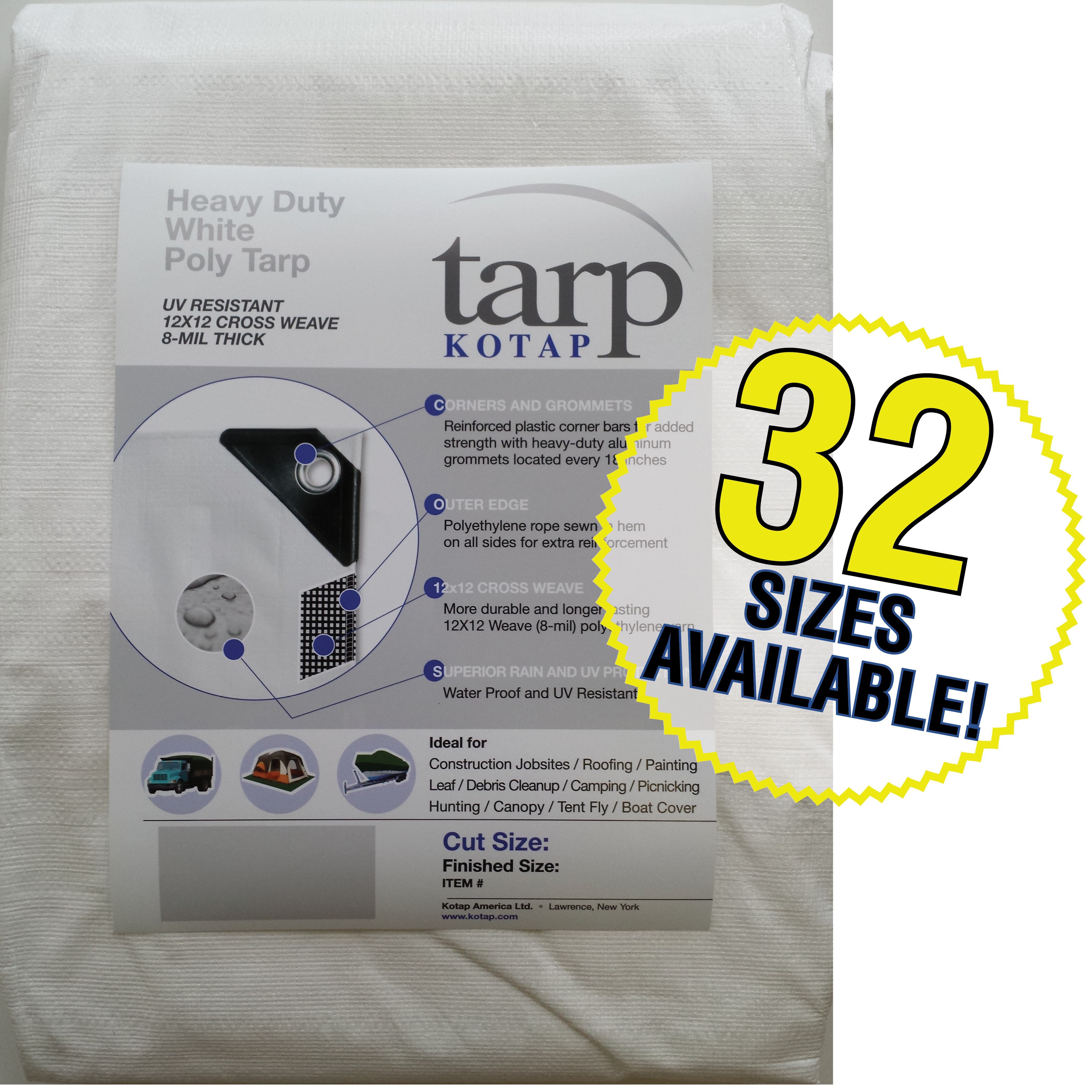 Kotap 50-ft x 50-ft Heavy-Duty 12 by 12 Cross Weave 8-mil White Poly Tarp, Item: TRW-5050