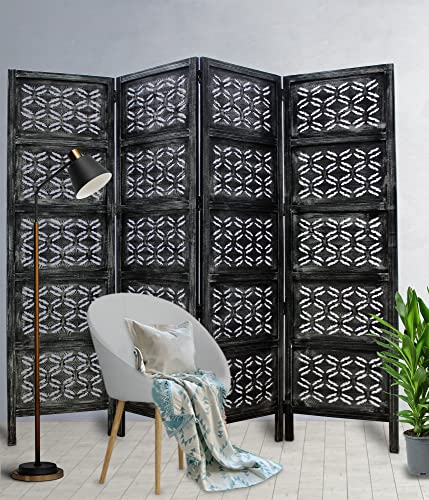 Room Divider Wood Screen - Ghanti Bells Antique Brown - 4 Panel Folding 72 x 80 - Assembled Hand Carved Decorative Functional Versatile Portable Partition Reversible Privacy Boho - COTTON CRAFT