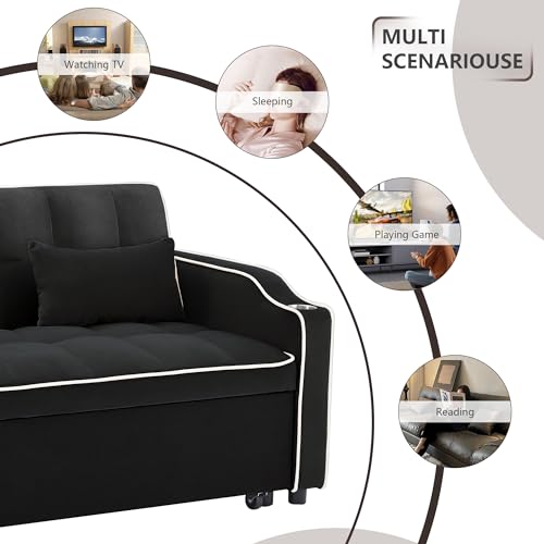 55" Convertible Sofa Bed, 3-in-1 Sleeper Sofa with Pull-Out Bed, Velvet Futon Couch with Reclining Backrest and Side Pocket & Cup Holder & Swivel Phone Stand & USB, Black