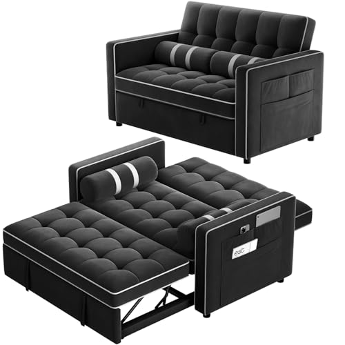Pipishell 3 in 1 Convertible Sleeper Sofa Bed,Pull Out Couch for Living Room with USB Ports & Side Pockets,Adjustable Backrest,Velvet,Loveseat Sofa Bed,Futon Couches,Black