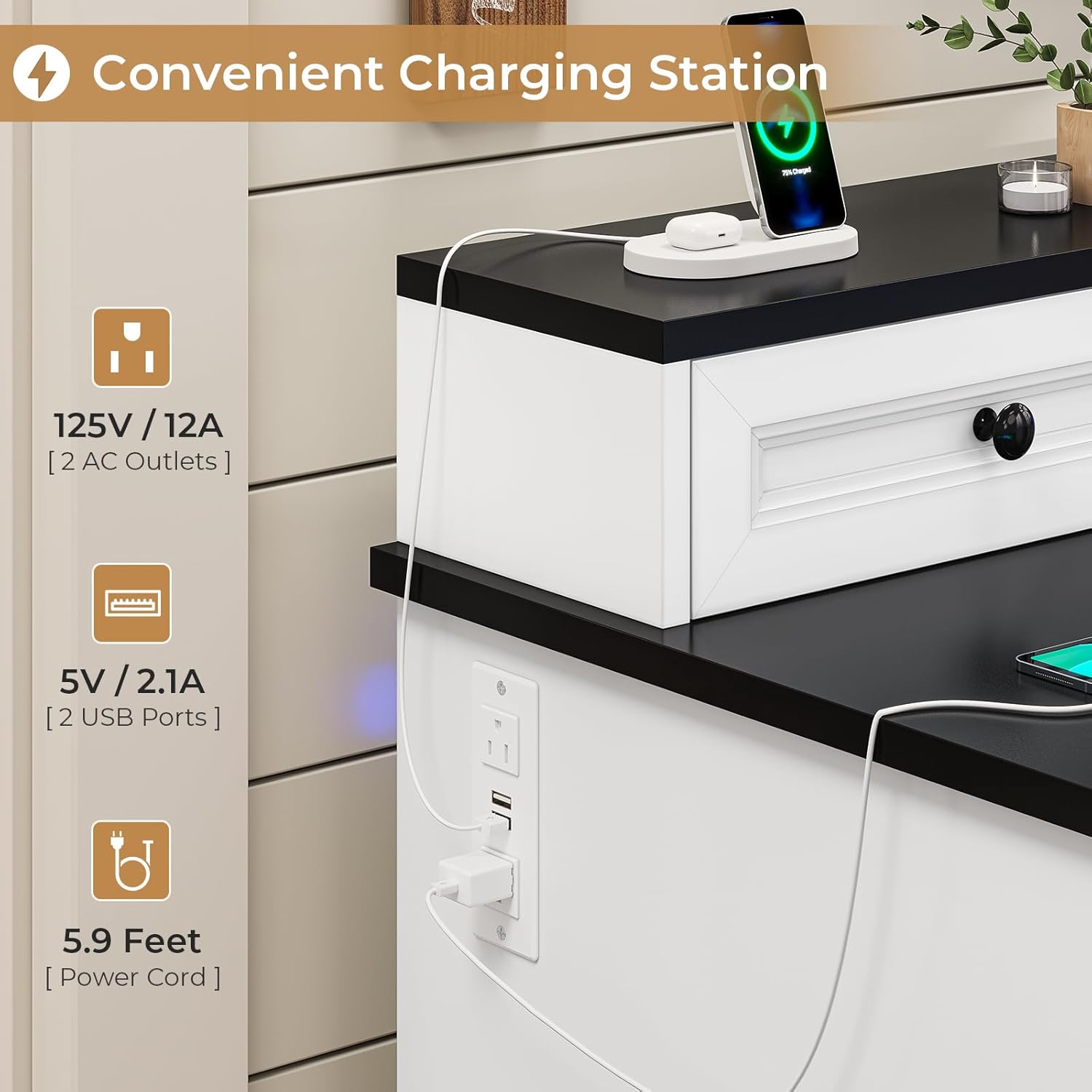 Executive Desk, Computer Desk with Drawers & Storage Cabinet, Home Office Desk with File Drawer & Monitor Stand, Writing Desk with Charging Station & LED Lights, White