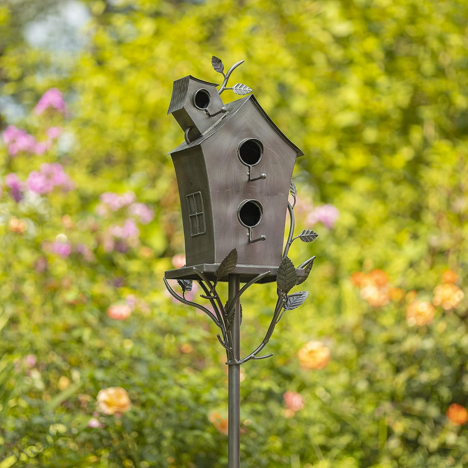 Zaer Ltd. Large Copper Colored Multi-Birdhouse Stakes, Room for 4 Bird Families in Each (Castle Home)