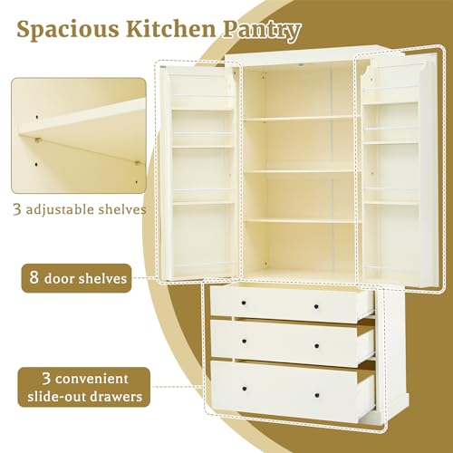 77" Kitchen Pantry with 3 Drawers, 3 Adjustable Shelves, 8 Door Racks, Large Wooden Cupboard, Freestanding Tall Cabinet for Kitchen Dining Room, Grey