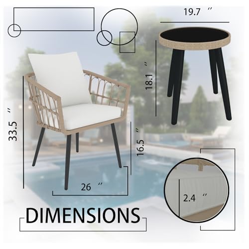 3-Piece Patio Bistro Set, PE Wicker Balcony Conversation Sets,Outdoor Furniture Chairs w Round Tempered Glass Table & 2 Thick White Cushions Ideal for Porch Backyard Lawn Poolside (Beige)