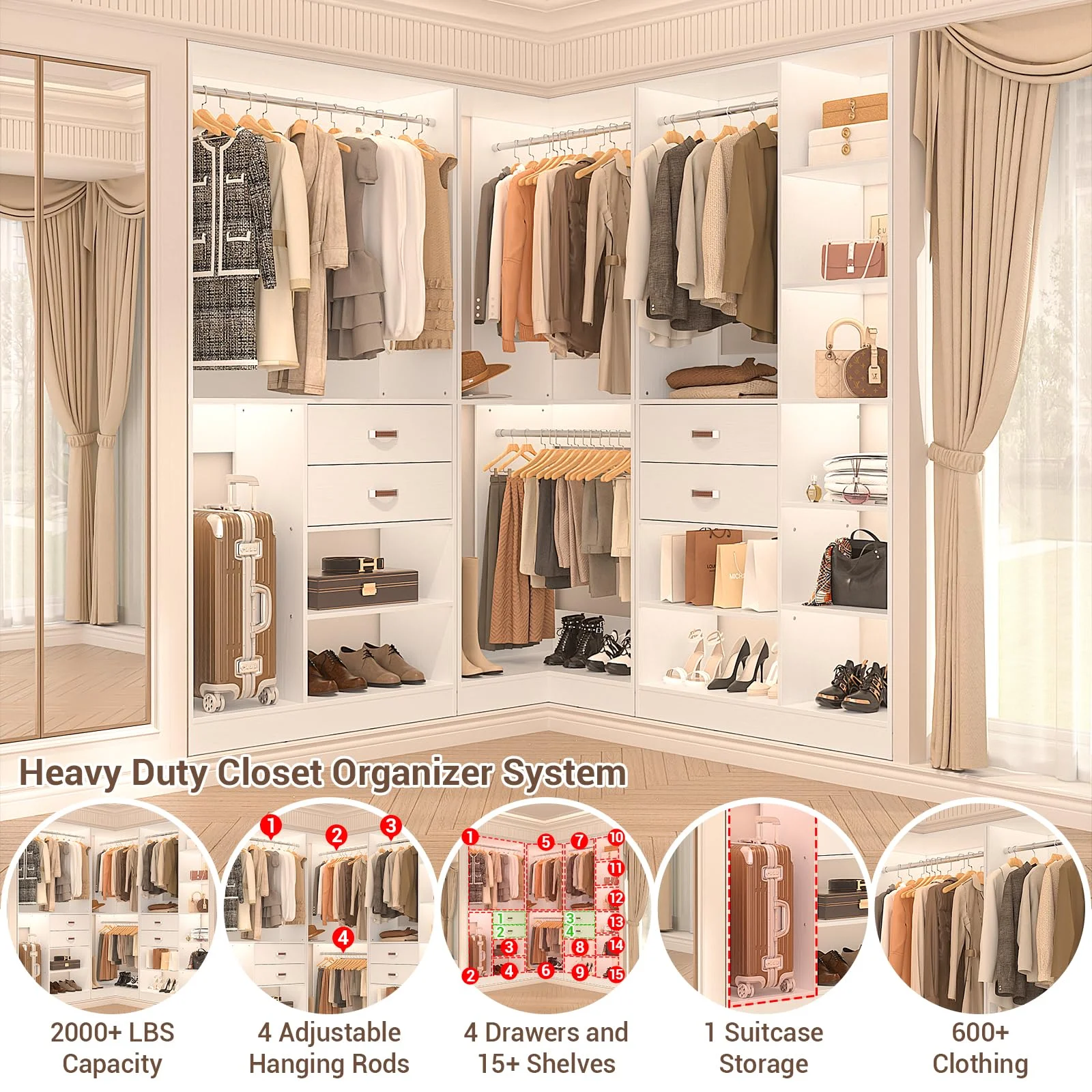 Homieasy Freestanding Closet System with 3 Sets, 110'' Reversible Stand-alone Wardrobe, 80'' Height Cloth Garment Organizer, Walk-in Closet with Hanging Rod, 71"Lx71"Wx80"H, Load 2500 LBS, White - Curated Treasures Market