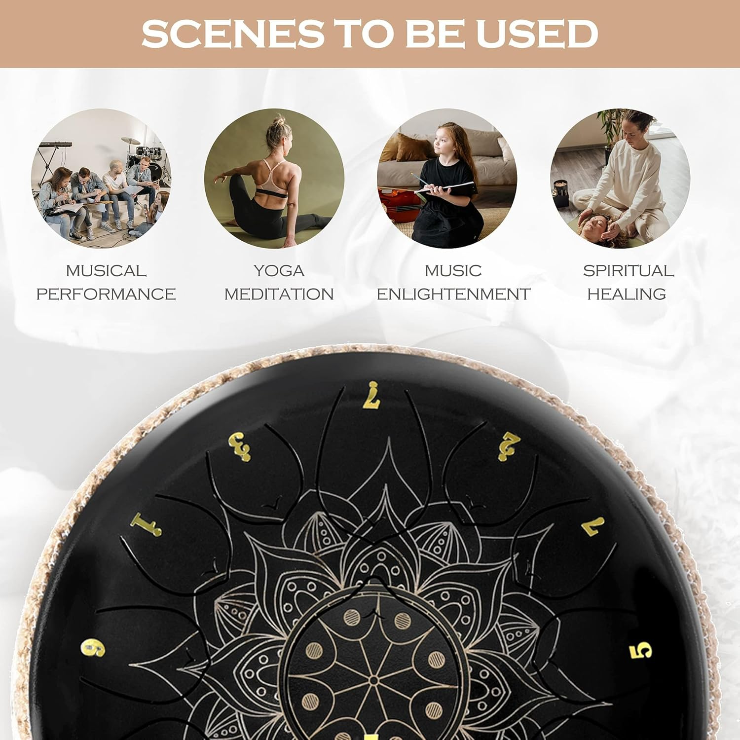 Lexington Steel Tongue Drum Kit C Major with Lotus Pattern, 13 Notes 12 Inches Percussion Instrument, Hand Pan Drums with Music Book, Drum Mallets and Carry Bag, Black