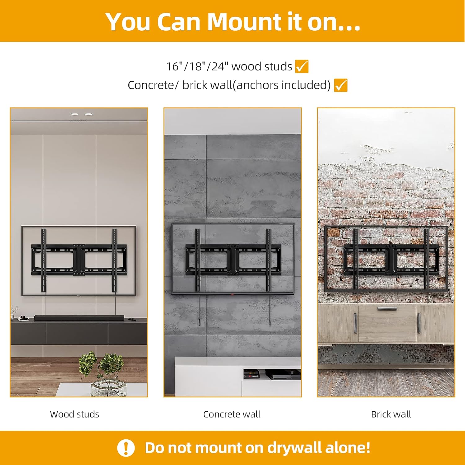Fixed TV Wall Mount, Low Profile TV Mount for Most 32-75 inch TVs, TV Wall Mount Bracket Max VESA 600X400mm Up to 165lbs Fits 18”-24” Wood Studs, Quick Release Lock Pack of 2