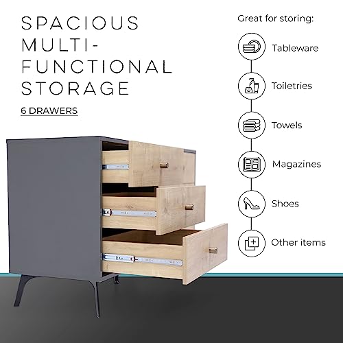 Raveena MAX Chest | Buffet Cabinet with Storage | Sideboard Cabinet | Multifunctional Buffets & Sideboards | Credenza with Six Sliding Drawers | Media Console Table with Storage (Oak, Dark Gray)