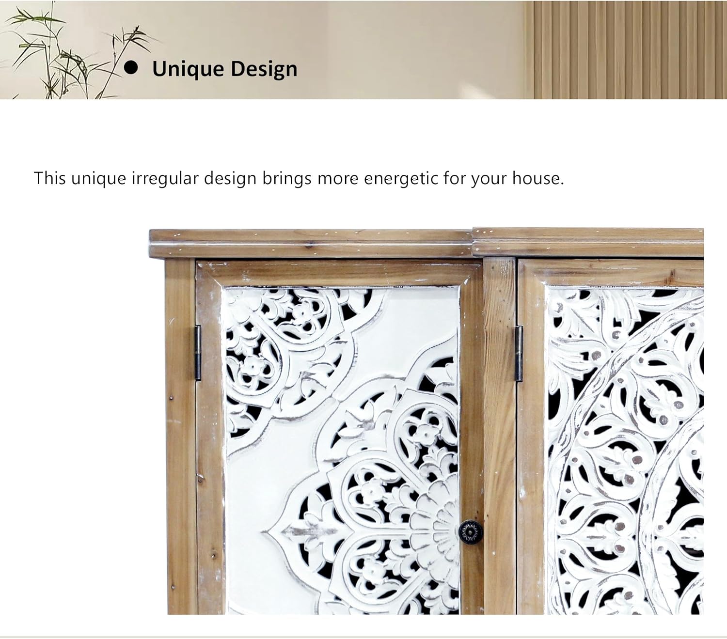 4-Door Hollow-Carved Accent Cabinet, Distressed Wood Storage Cabinet Cupboard with adjustable shelves,unique design for Kitchen, Dining Room, Living Room, Entryway, Natural wood