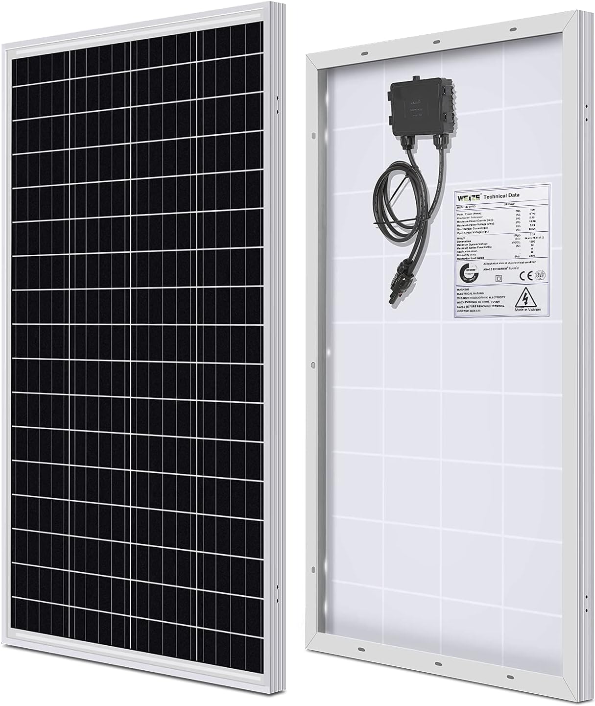 WEIZE 100 Watt 12 Volt Solar Panel Starter Kit, High Efficiency Monocrystalline PV Module for Home, Camping, Boat, Caravan, RV and Other Off Grid Applications