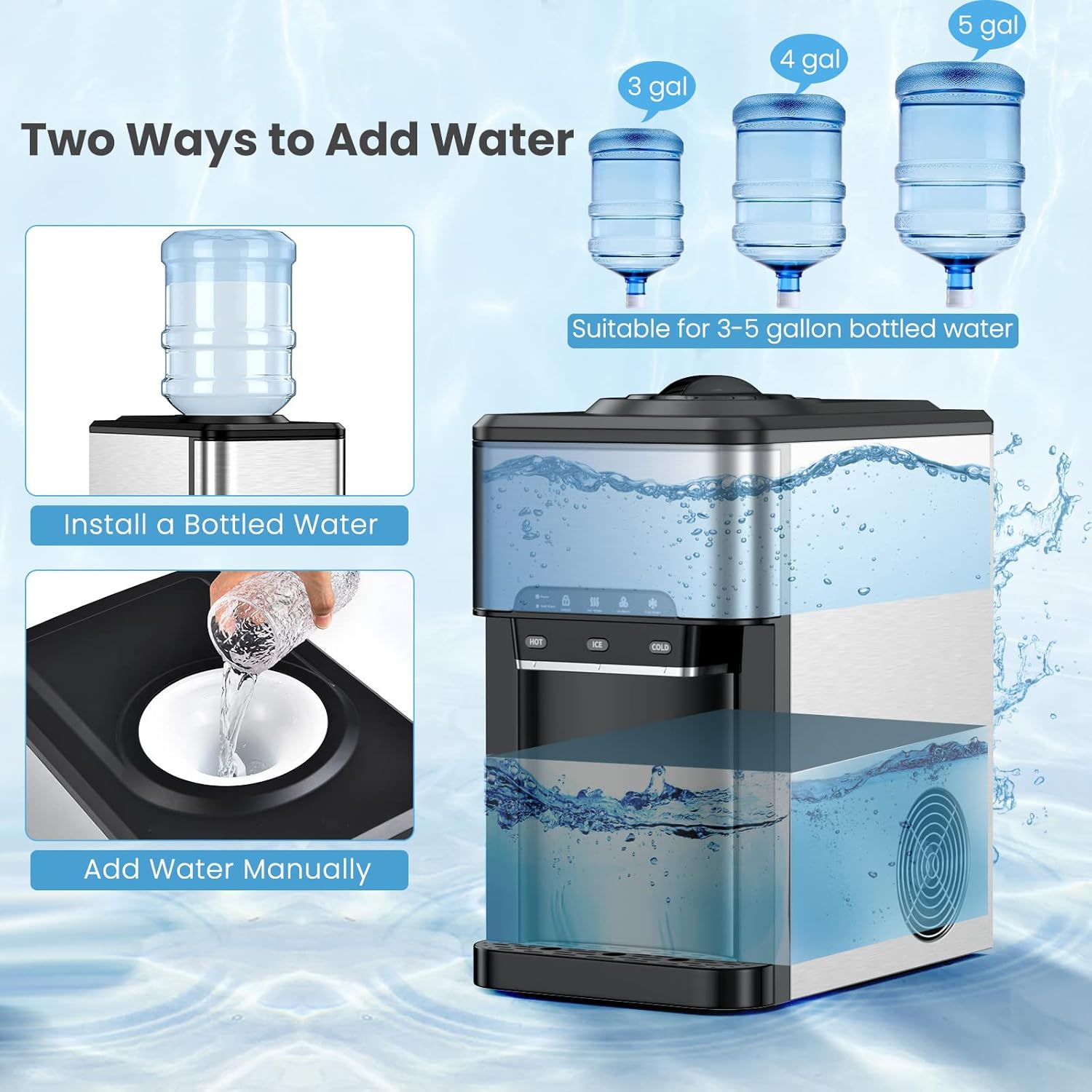 PETSITE Countertop Water Cooler Dispenser with Ice Maker, 3 in 1 Top-Loading Hot & Cold Water Dispenser 5 Gallon, 48 LBS Daily-Ice, Portable Ice Cube Makers Machine for Home Kitchen Office Bar