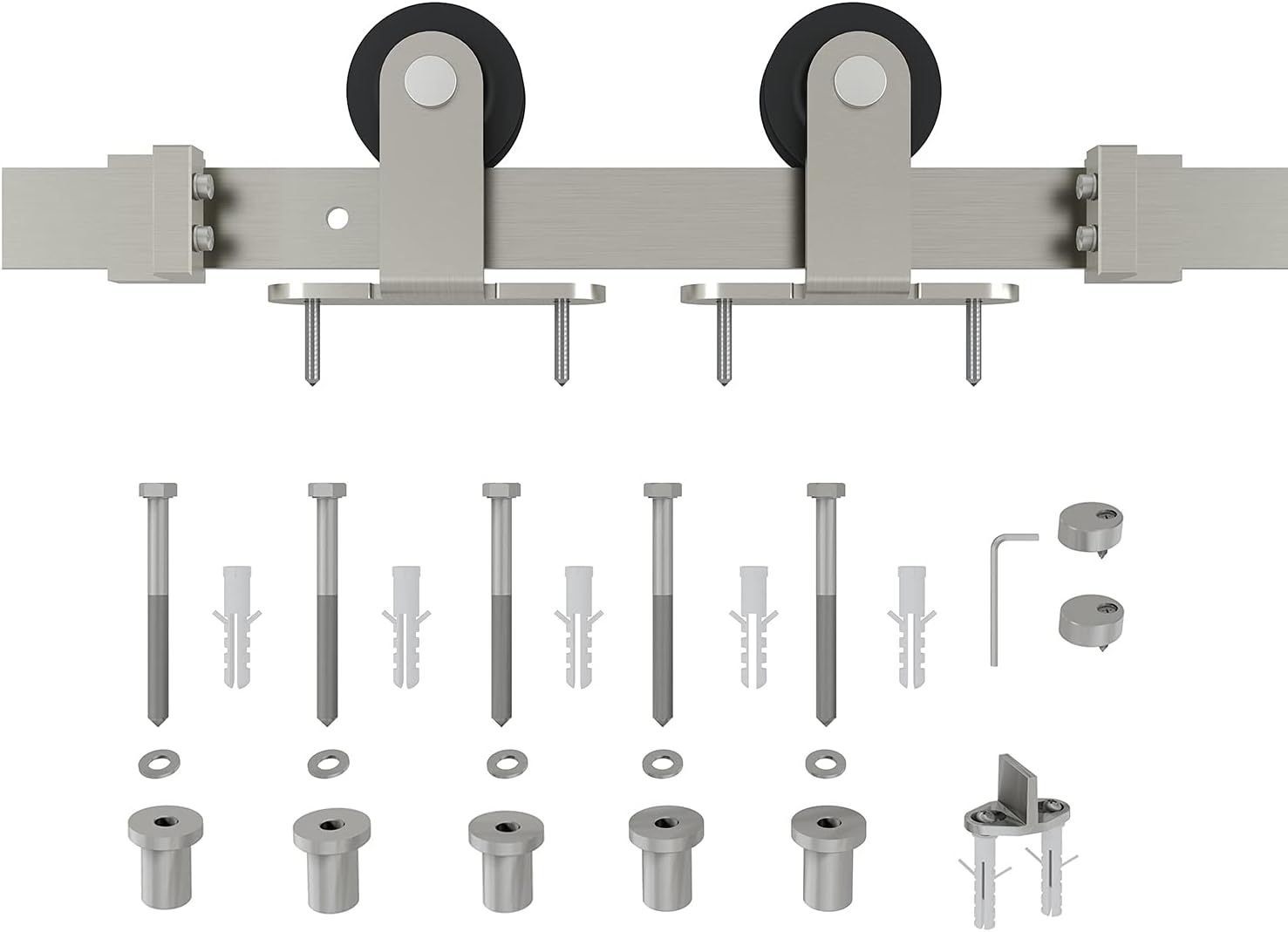 JUBEST Satin Nickel Sliding Barn Door Hardware Kit Smoothly and Quietly Hanger Roller Flat Track Kit J Shape Roller