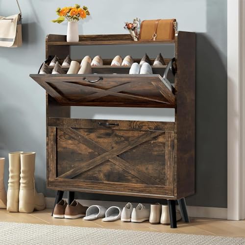 Shoe Storage Cabinet, Shoe Storage Organizer with 2 Flip-out Drawers, Modern Two-tier Freestanding Shoe Rack Cabinet for Entryway, Hallway, Living room(Black-Large)