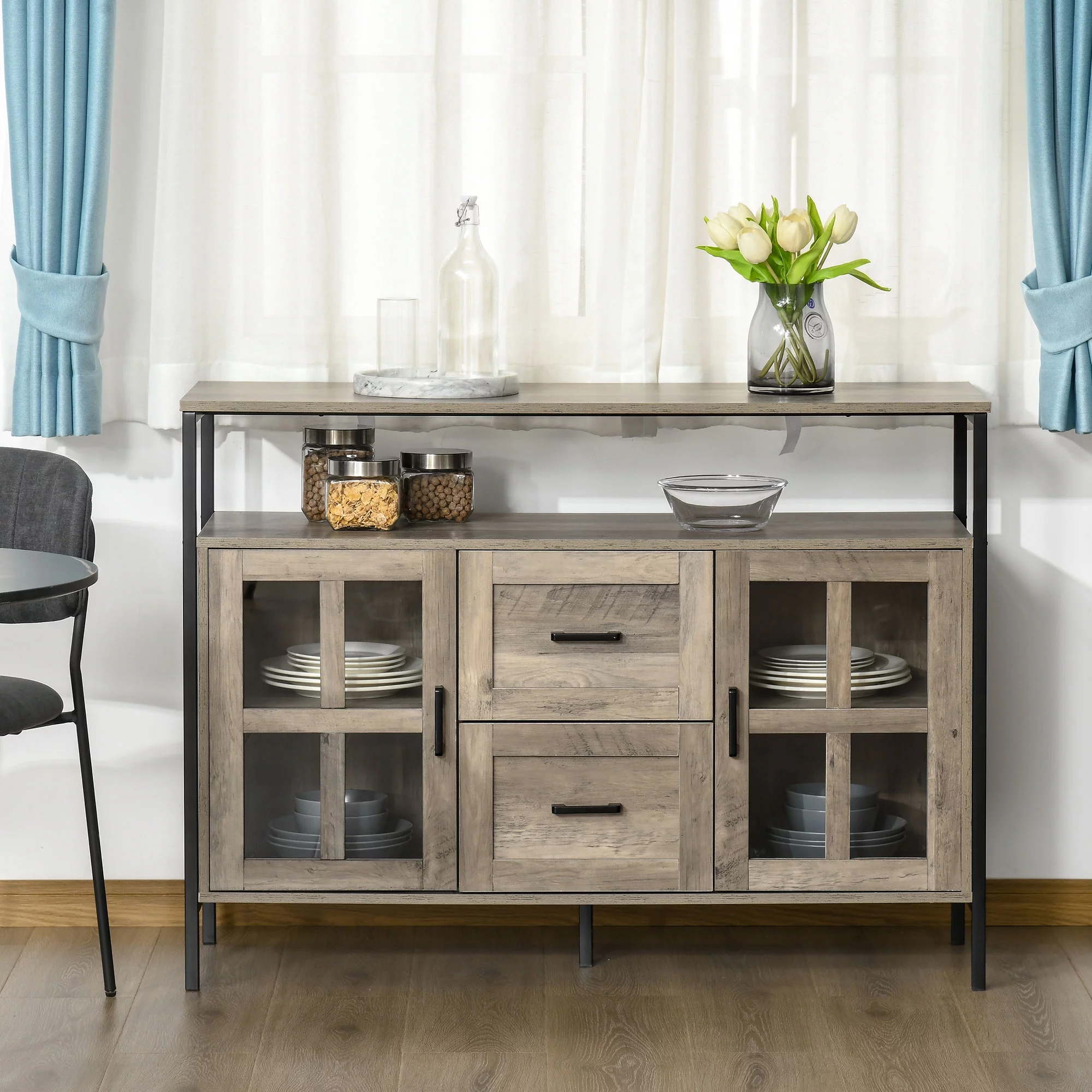 HOMCOM Industrial Sideboard Buffet Cabinet, Kitchen Cabinet, Coffee Bar Cabinet with Adjustable Shelves, Glass Doors, and 2 Drawers for Living Room, Gray