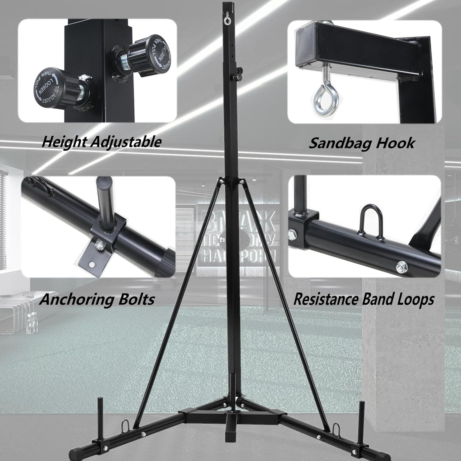 Height Adjustable Punching Bag Stand, Heavy Duty Boxing Bag Stand, Heavy Bag Stand Steel Sandbag Rack Independent to 150 lbs for Home Gym Fitness (Only Stand)