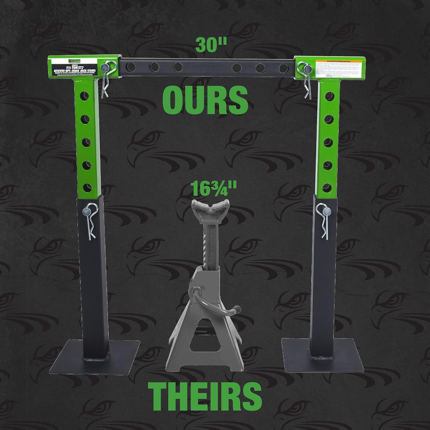 American Lifting ATV UTV Jack Stands - 1.5 Ton (3000 Lbs) Safety Pin Style Off-Road Stand with Rack Bar Saddle – Ideal for Shop Garage, Green / Black