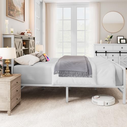 YITAHOME Farmhouse Queen Size Bed Frame with Headboard, Bookcase Storage Shelves, Sliding Barn Door, Charging Station, Rustic Wood Platform Bed, No Box Spring Needed, White