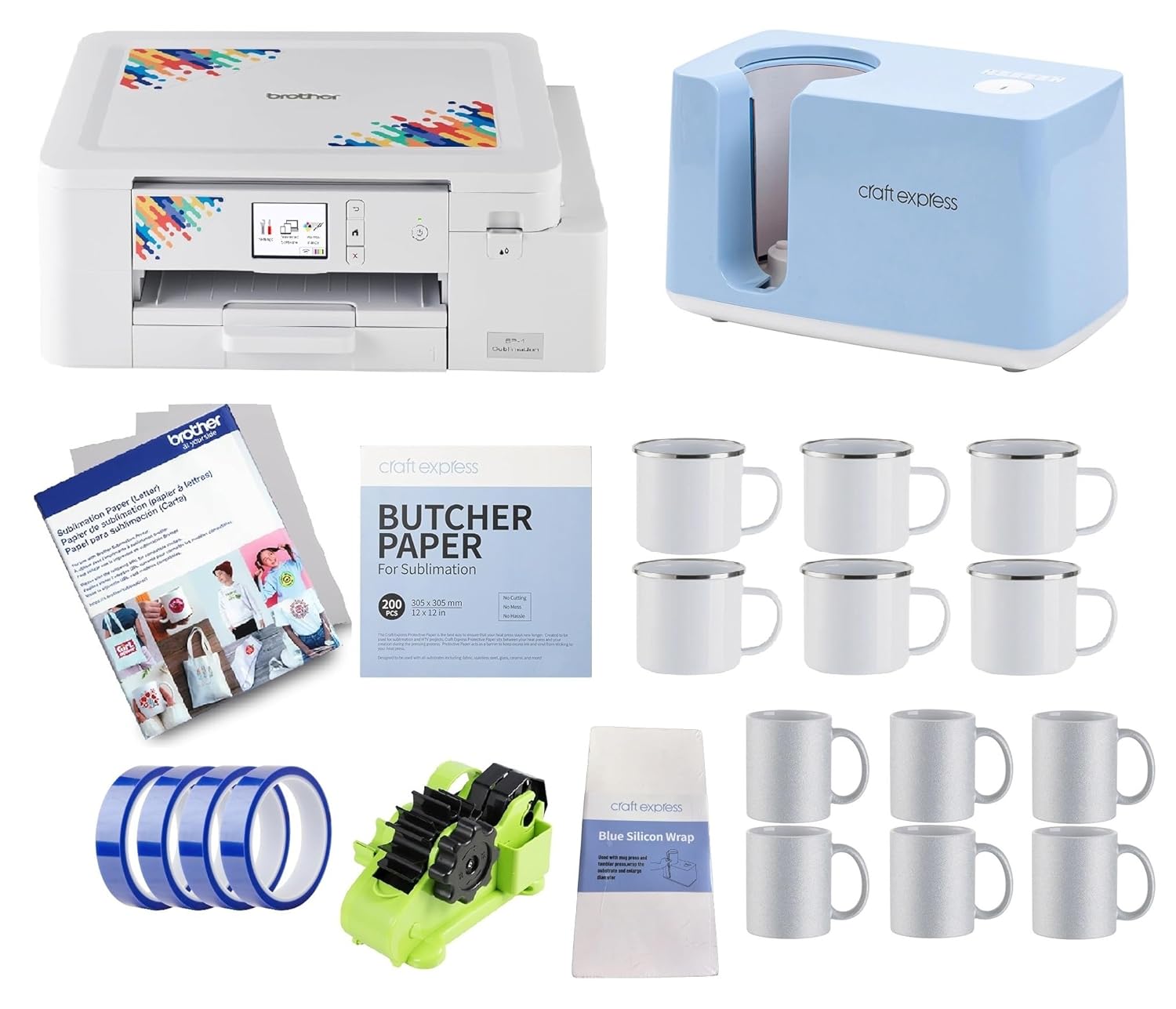Brother Sublimation Printer and Craft Express Pro Easy Auto Mug Heat Press Bundle, 12 Blank Mugs