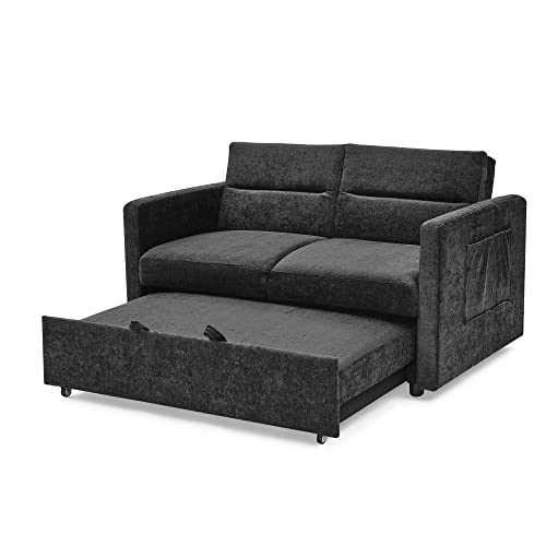 Couch with Adjustable Back and Two Arm Pocket Chenille Fabric Convertible Sofa, Sleeper Bed for Living Room Apartment Lounge, Grey