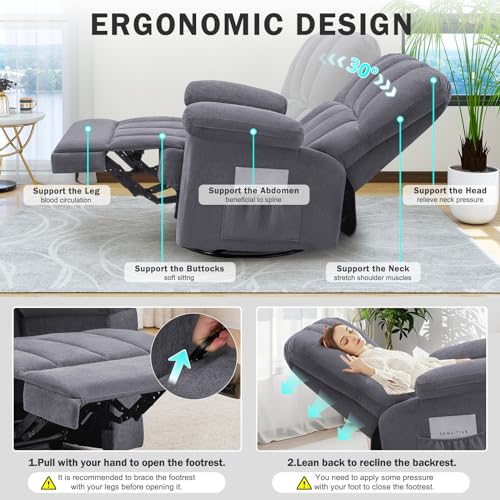CDCASA Oversized Swivel Rocker Recliner Chair, Chenille 360° Swivel Glider Rocking Chairs for Big Man, Manual Reclining Sofa Chair for Living Room, Theater, Nursery,1PC,Grey