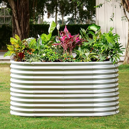 Land Guard 8x4x3ft Oval Galvanized Raised Garden Beds, Large-Capacity Metal Planter Box Outdoor, Durable Deep Raised Garden Bed 3ft Tall, Raised Beds for Gardening Vegetables, Cream Yellow