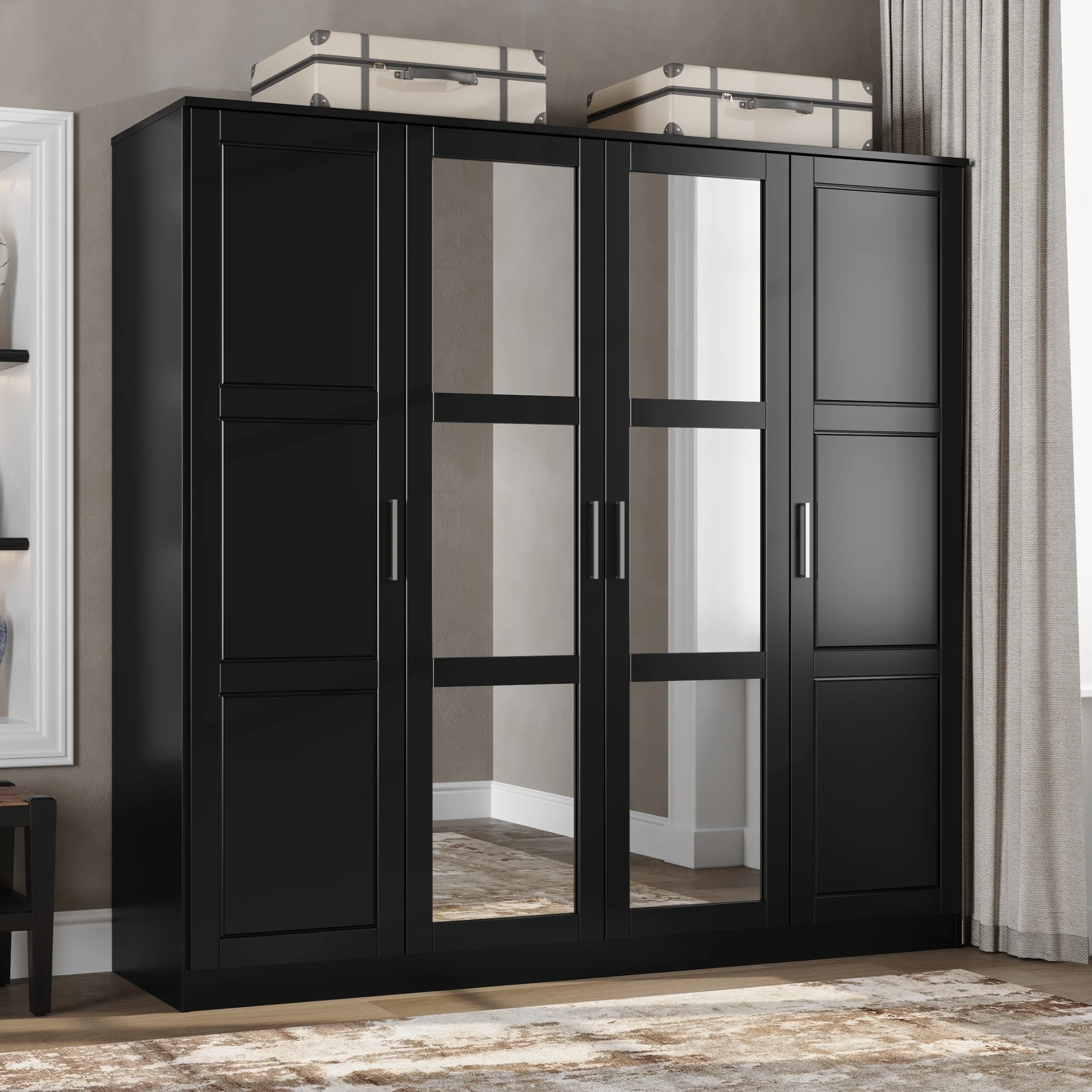 Palace Imports, Inc. 100% Solid Wood Cosmo 4-Door Wardrobe with Solid Wood or Mirrored Doors Black