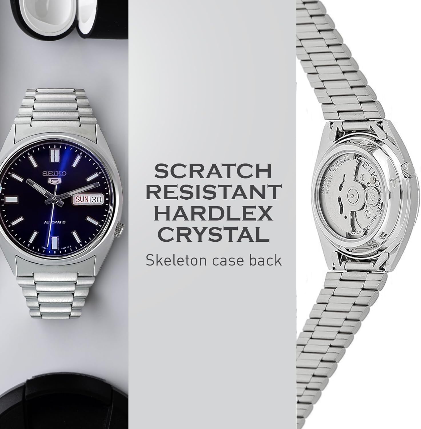 SEIKO SNXS77 Automatic Watch for Men 5-7S Collection - Striking Blue Dial with Luminous Hands, Day/Date Calendar, Stainless Steel Case & Bracelet